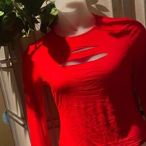 Women’s Red Long-Sleeve Distressed Cutout Top